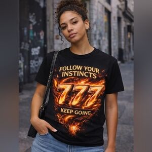 NWOT 777 Fire Graphic Tee – “Follow Your Instincts” Angel Number Shirt UNISEX!
